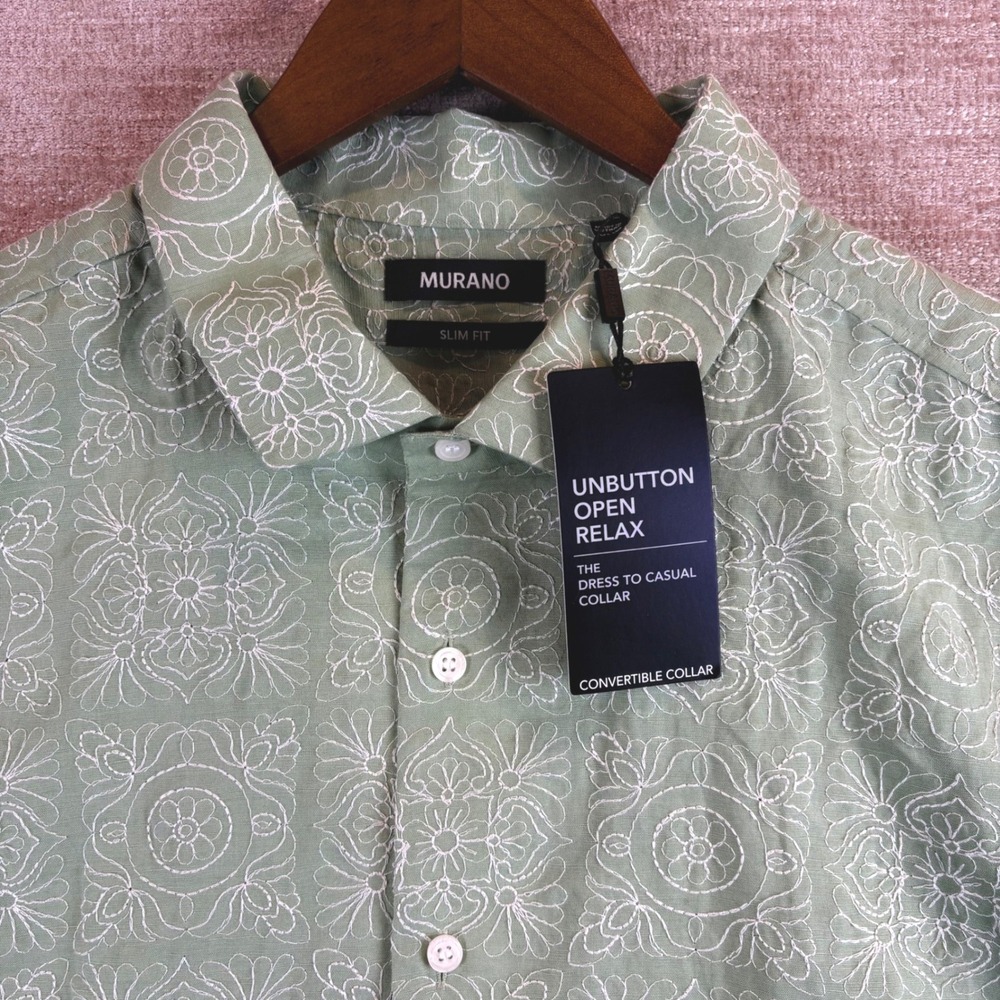 Murano Mens XXL Slim Fit Linen Blend Embroidered Convertible Collar Shirt NEW WT